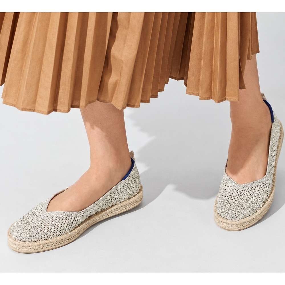 Rothy's The Espadrille Diamond Metallic Cream Silver Knit Flats- 9
